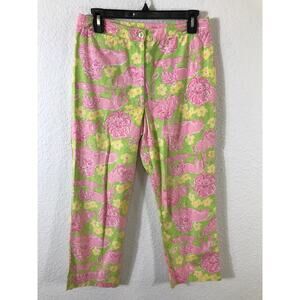 Lilly Pulitzer Pants Womens 2 Lion Tiger Cropped Green Pink‎ Cotton Blend